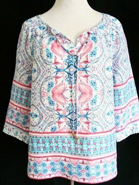 Charter Club Linen Border Print Peasant Boho Top L 3/4 Sleeves Smocking EUC